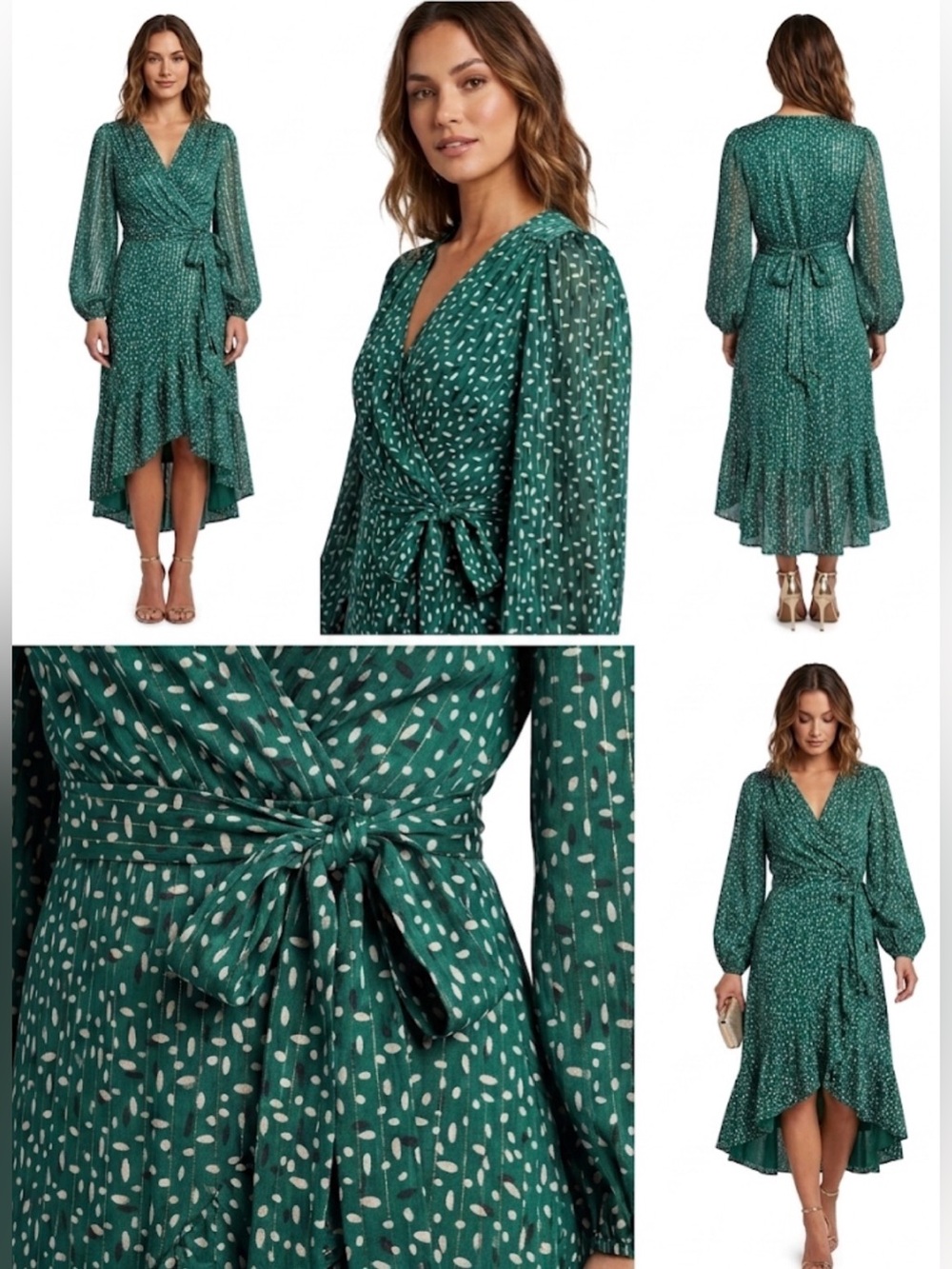 Reset by Jane $151 Green Wrap Midi Ruffle Hem puff sleeve Dress S current